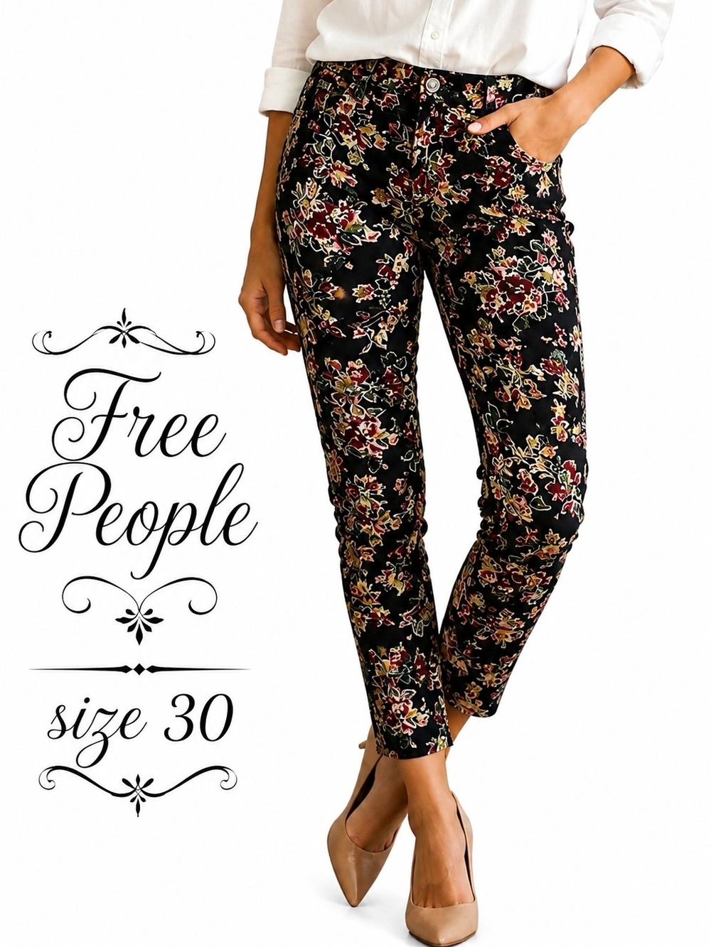 Free People Floral Corduroy Skinny Pants Cropped Black Pink Sz. W 30 Boho Casual